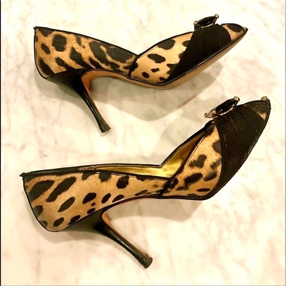 BEVERLY FELDMAN Leopard-Print Pump satin rhinestone peep toe women size 5.5 - Picture 1 of 12